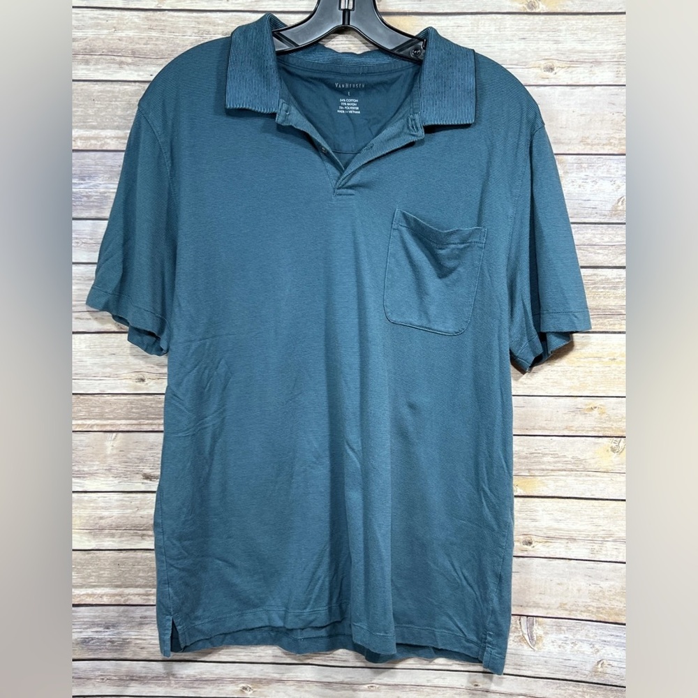 Van Heusen Men’s Polo Shirt L Teal Blue Pocket Short Sleeve Casual Cotton Blend